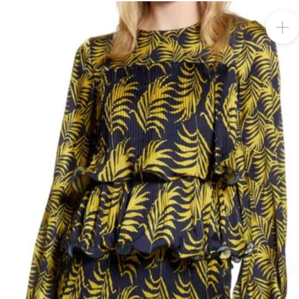 Never Fully Dressed Navy & Yellow Leaf Pattern Matching Set-Blouse & Midi Skirt
